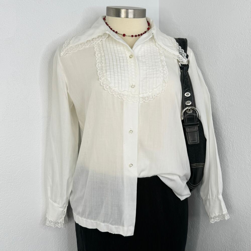 Vintage 70s 80s Sheer Performance Petter Pan Caller Lace Button Blouse
